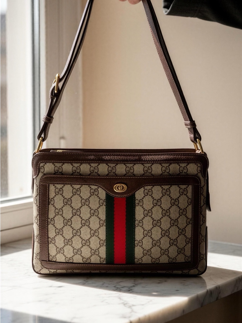 Gucci Ophidia Vintage with Brown Leather Accent in monogram, adjustable strap